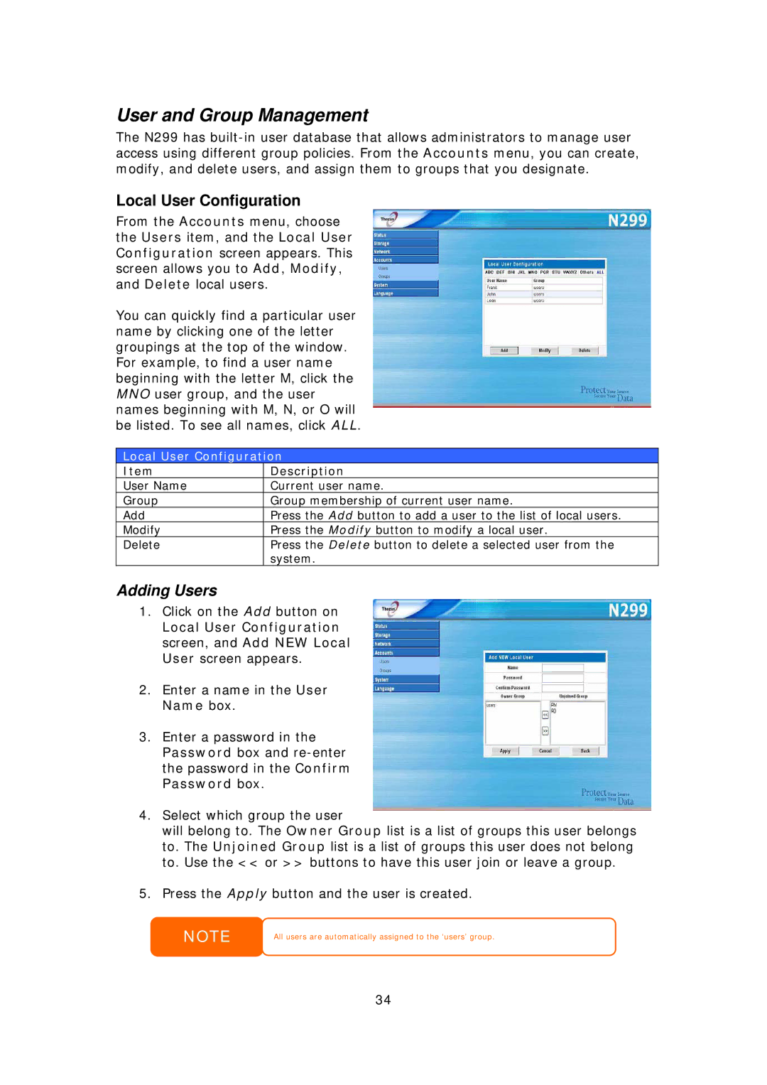 Thecus Technology N299 user manual User and Group Management, Local User Configuration, Adding Users 