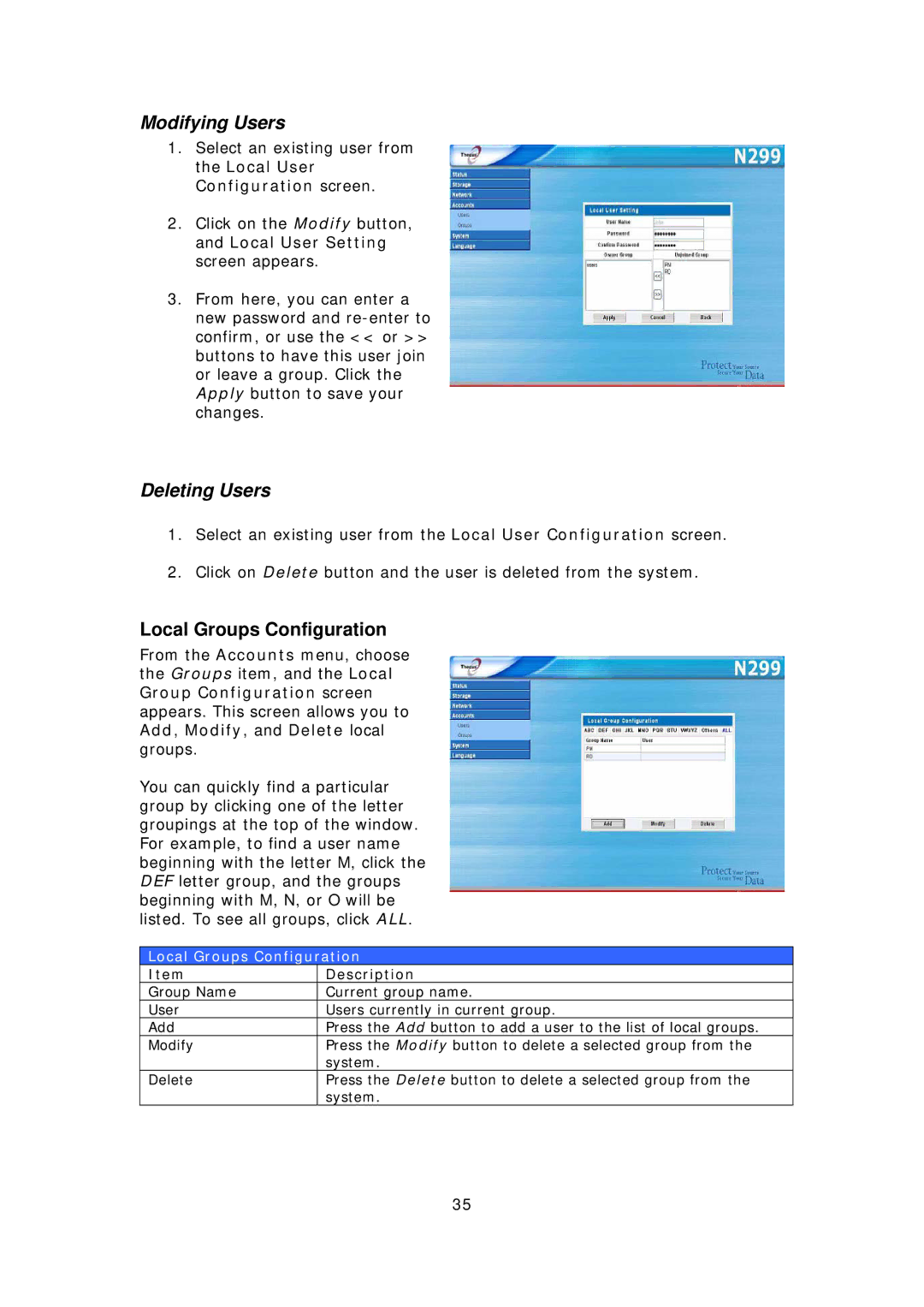 Thecus Technology N299 user manual Modifying Users, Deleting Users, Local Groups Configuration 