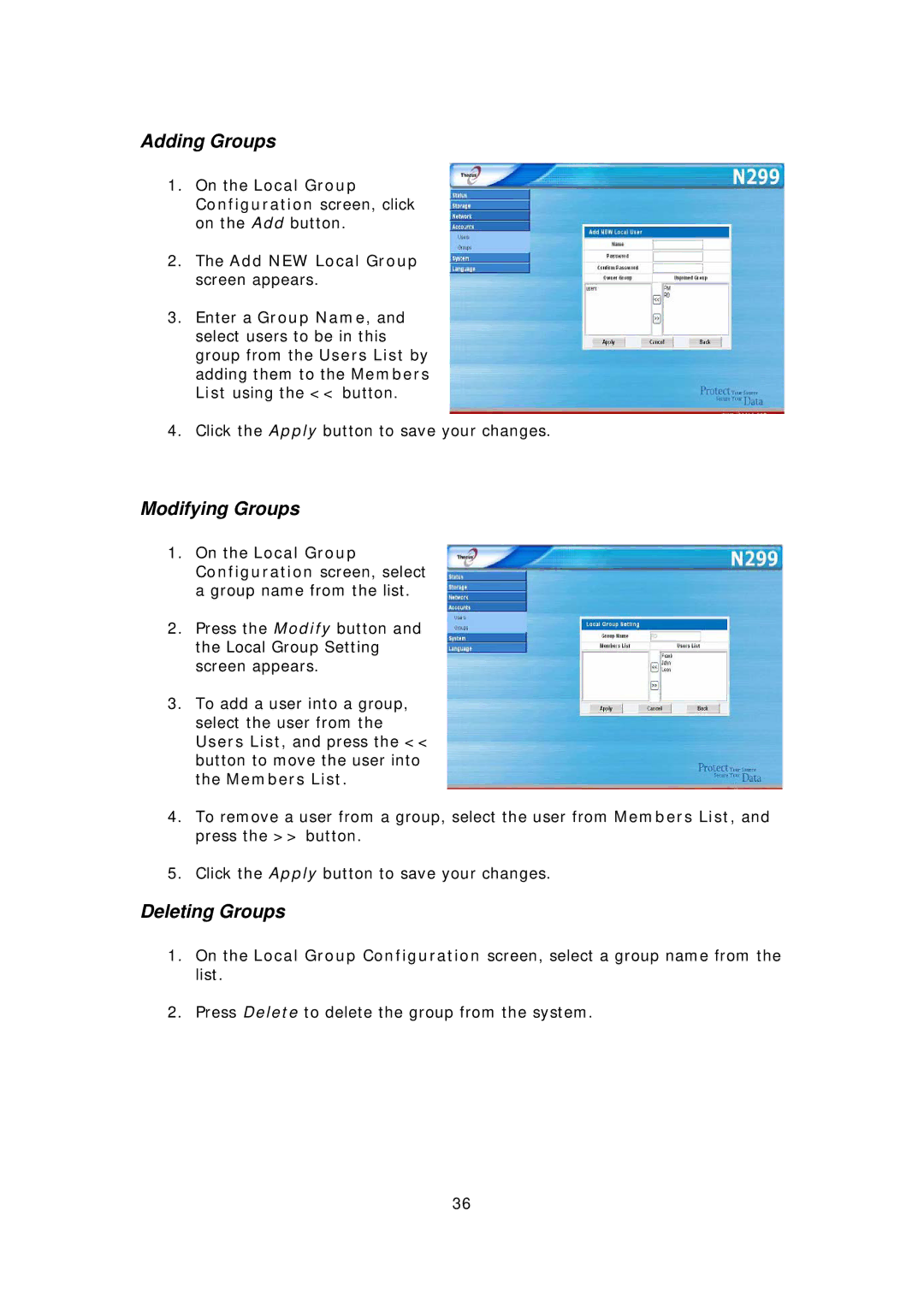 Thecus Technology N299 user manual Adding Groups, Modifying Groups, Deleting Groups 