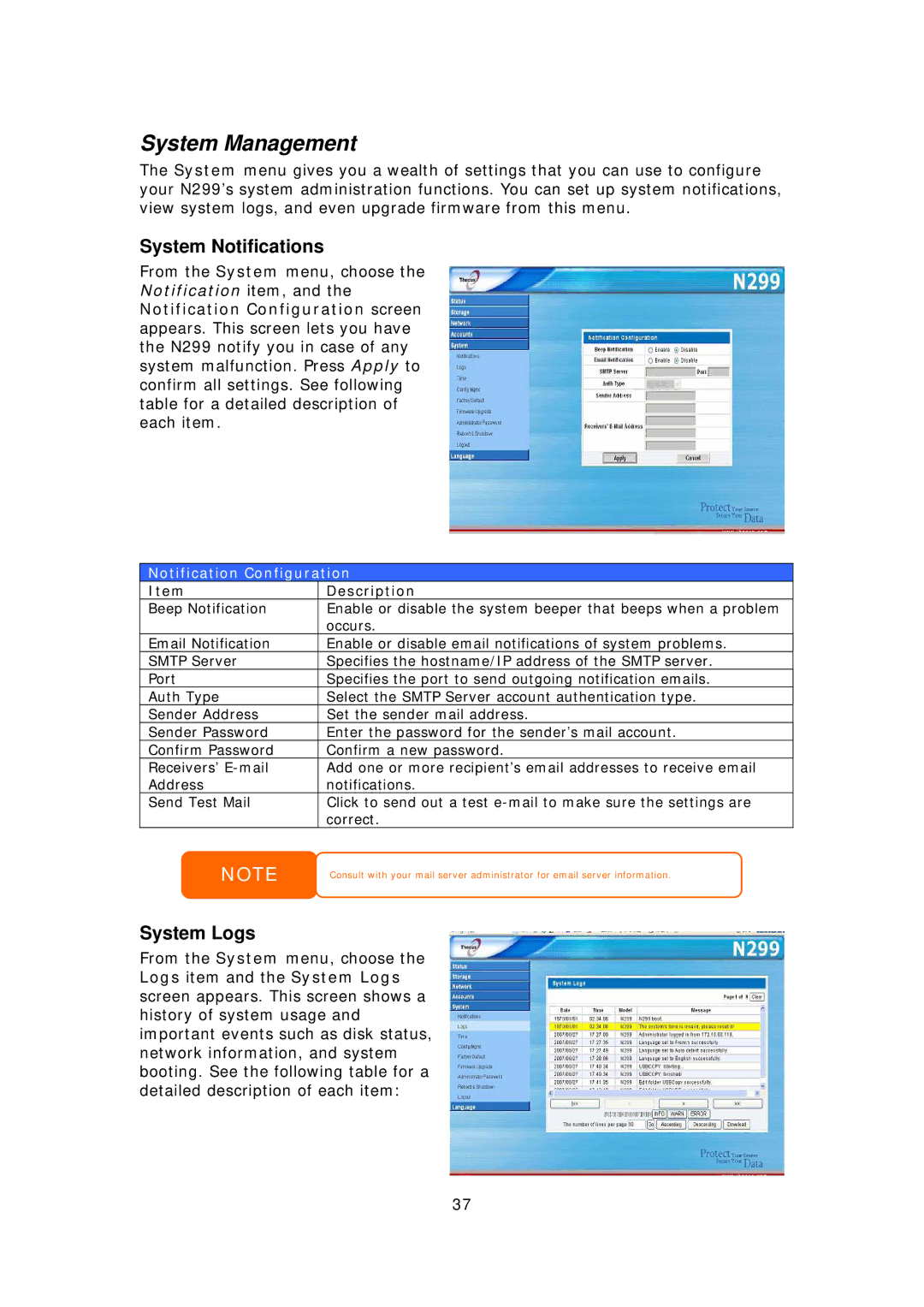 Thecus Technology N299 user manual System Management, System Notifications, System Logs, Notification Configuration 