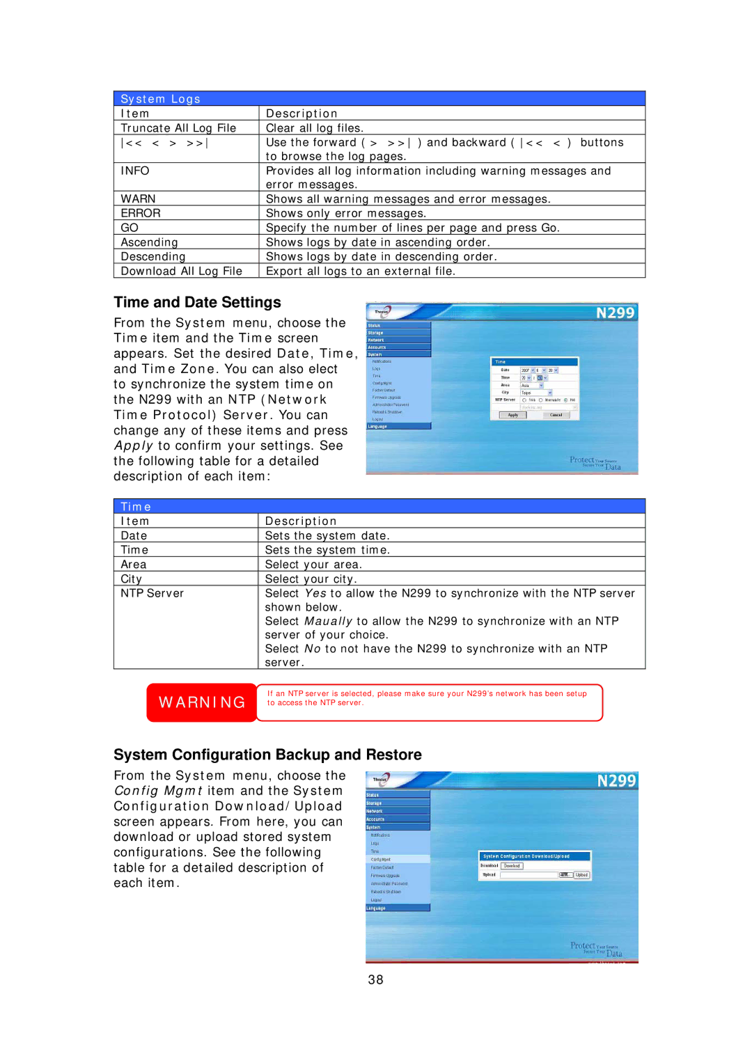 Thecus Technology N299 user manual Time and Date Settings, System Configuration Backup and Restore, System Logs 