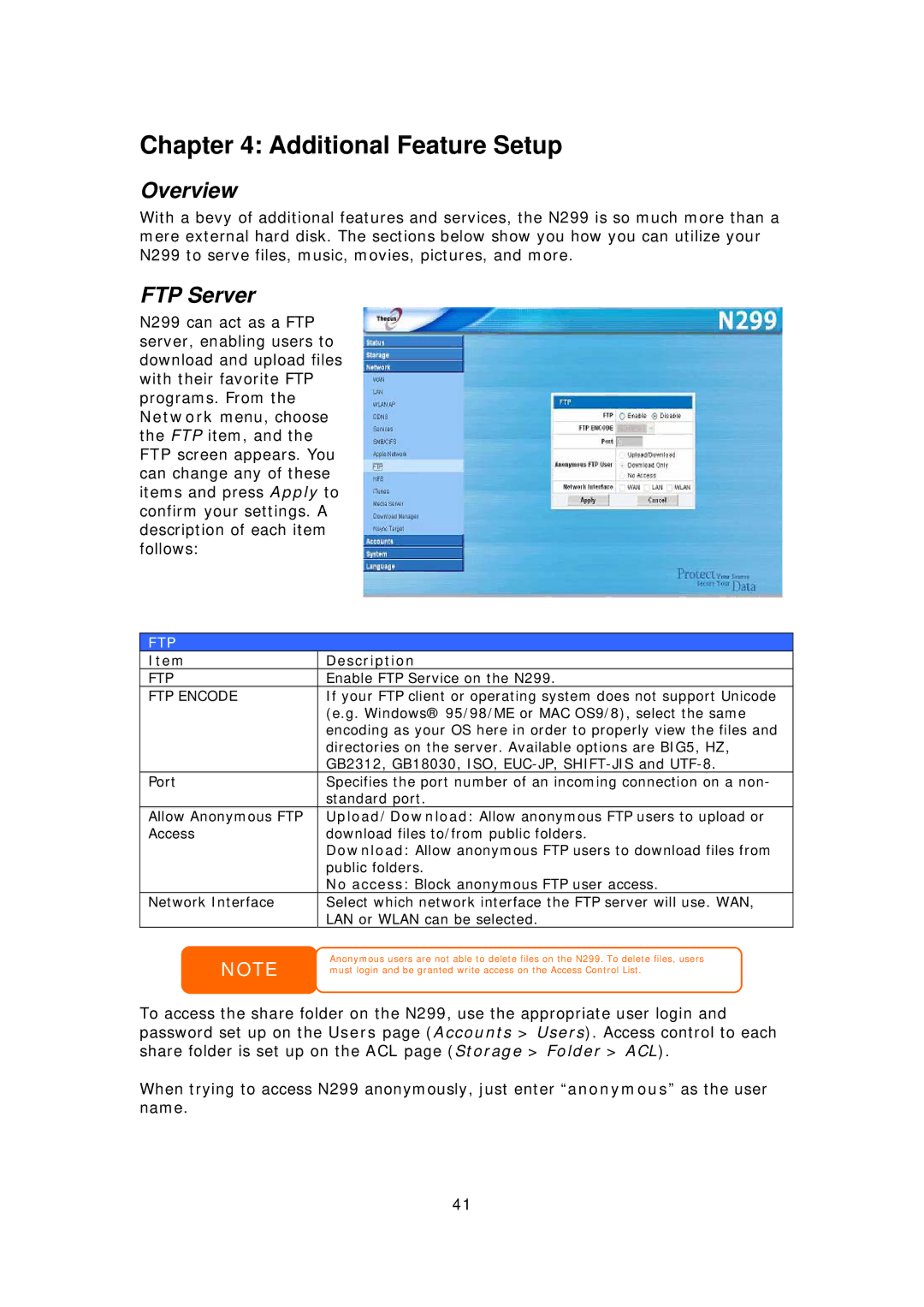 Thecus Technology N299 user manual Additional Feature Setup, FTP Server, Ftp, FTP Encode 