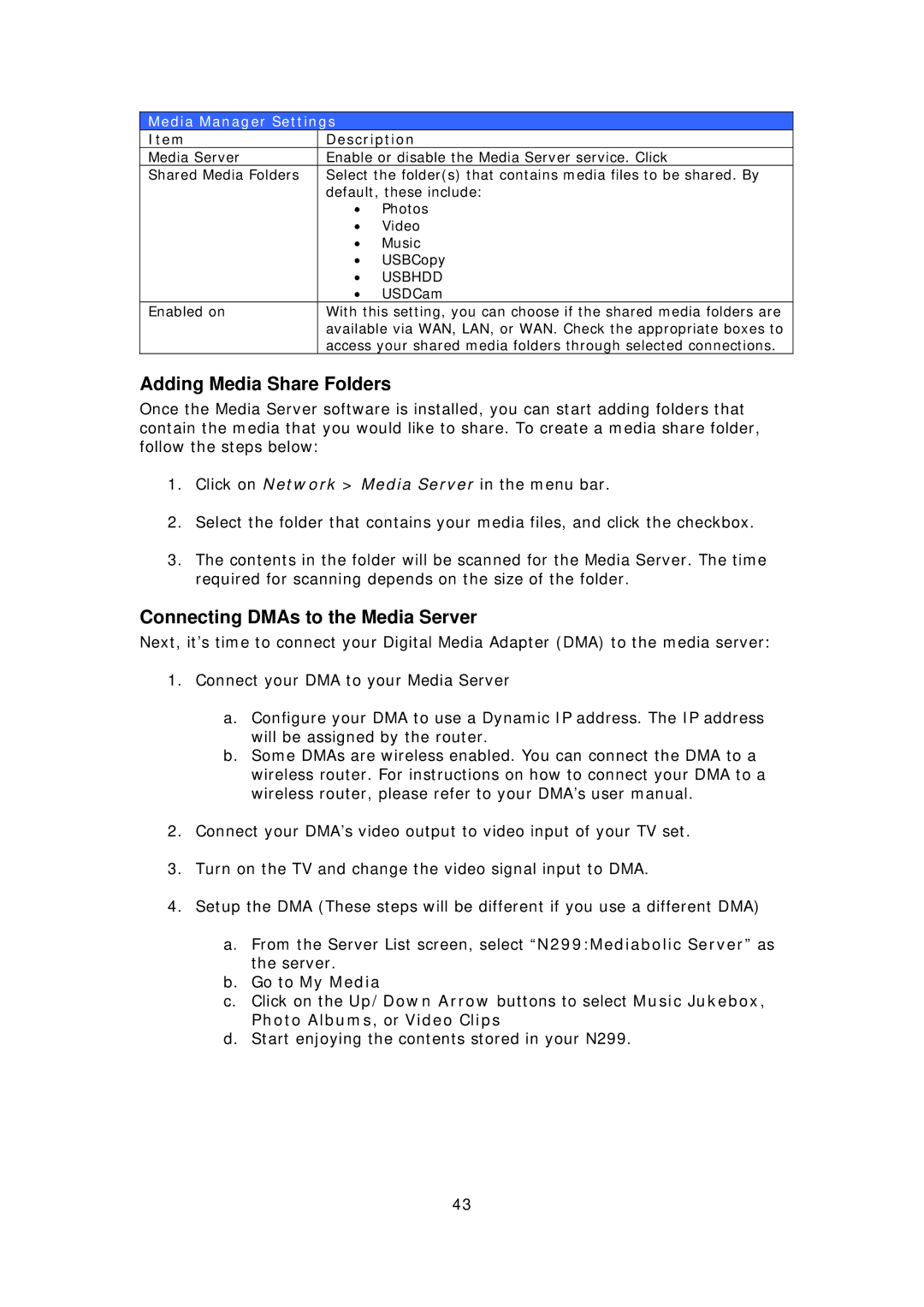 Thecus Technology N299 user manual Adding Media Share Folders, Connecting DMAs to the Media Server, Media Manager Settings 