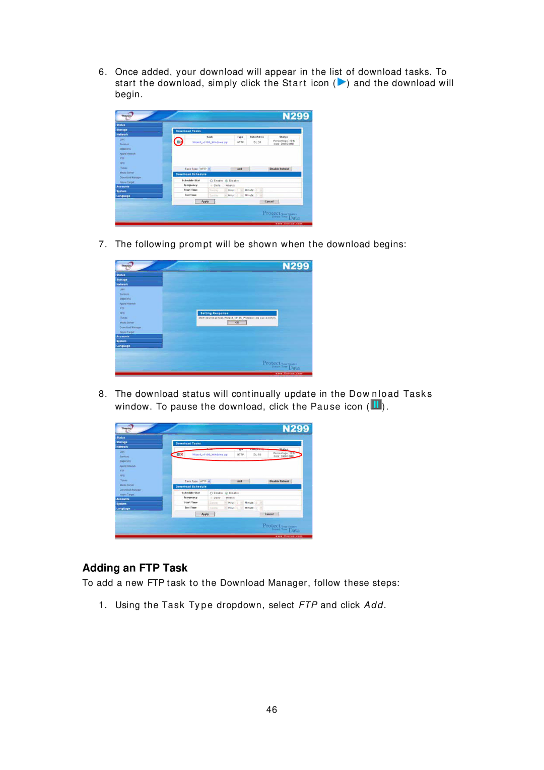 Thecus Technology N299 user manual Adding an FTP Task 