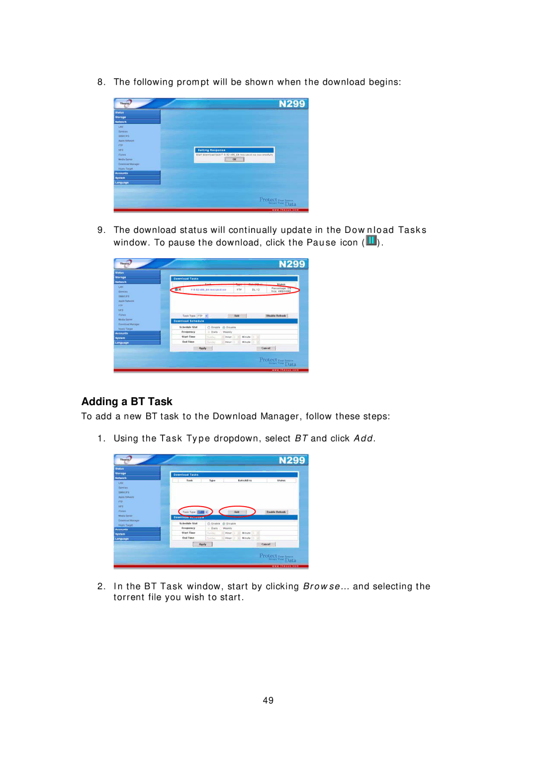 Thecus Technology N299 user manual Adding a BT Task 