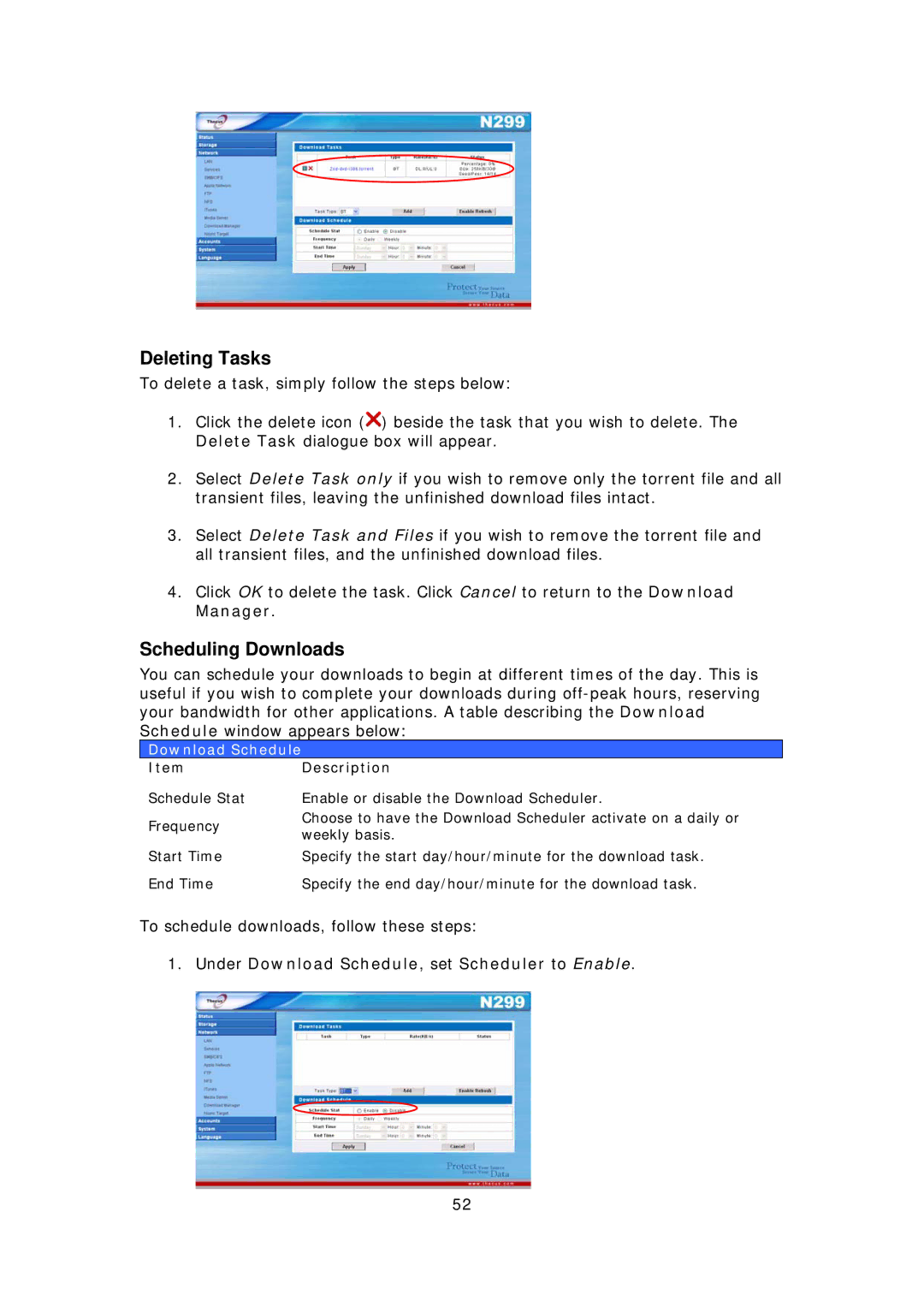 Thecus Technology N299 user manual Deleting Tasks, Scheduling Downloads, Download Schedule, ItemDescription 