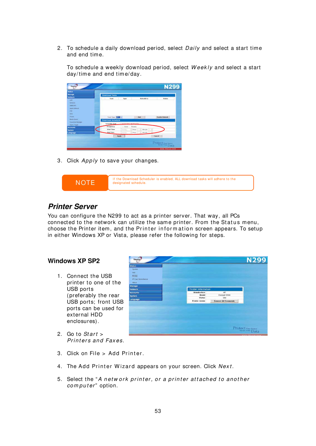 Thecus Technology N299 user manual Printer Server, Windows XP SP2 