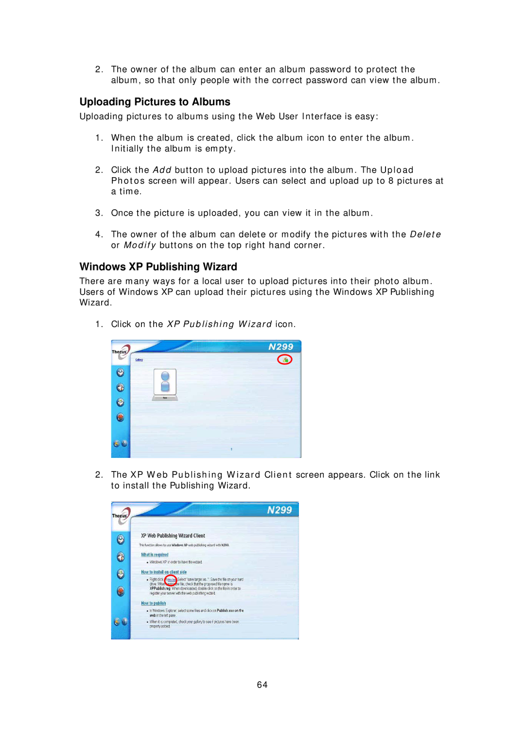 Thecus Technology N299 user manual Uploading Pictures to Albums, Windows XP Publishing Wizard 