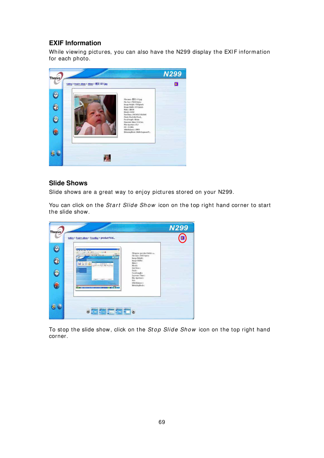 Thecus Technology N299 user manual Exif Information, Slide Shows 