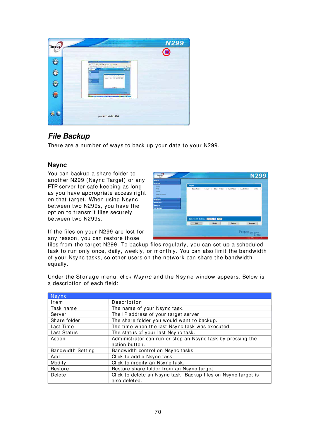 Thecus Technology N299 user manual File Backup, Nsync 