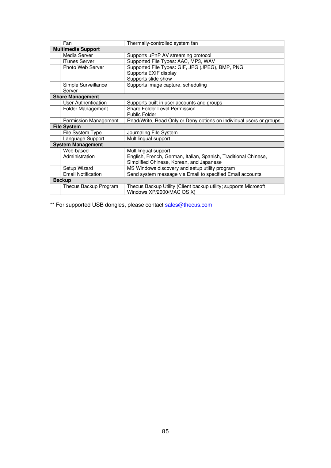 Thecus Technology N299 user manual For supported USB dongles, please contact sales@thecus.com 