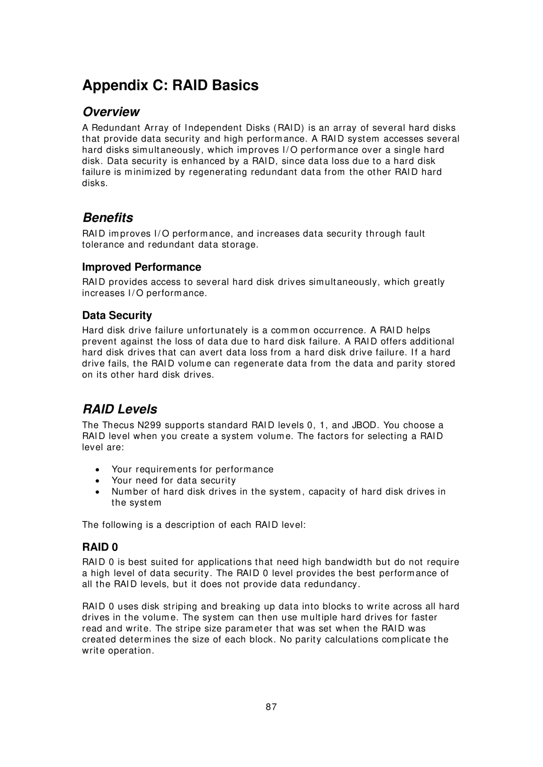 Thecus Technology N299 user manual Appendix C RAID Basics, Benefits, RAID Levels, Improved Performance, Data Security 