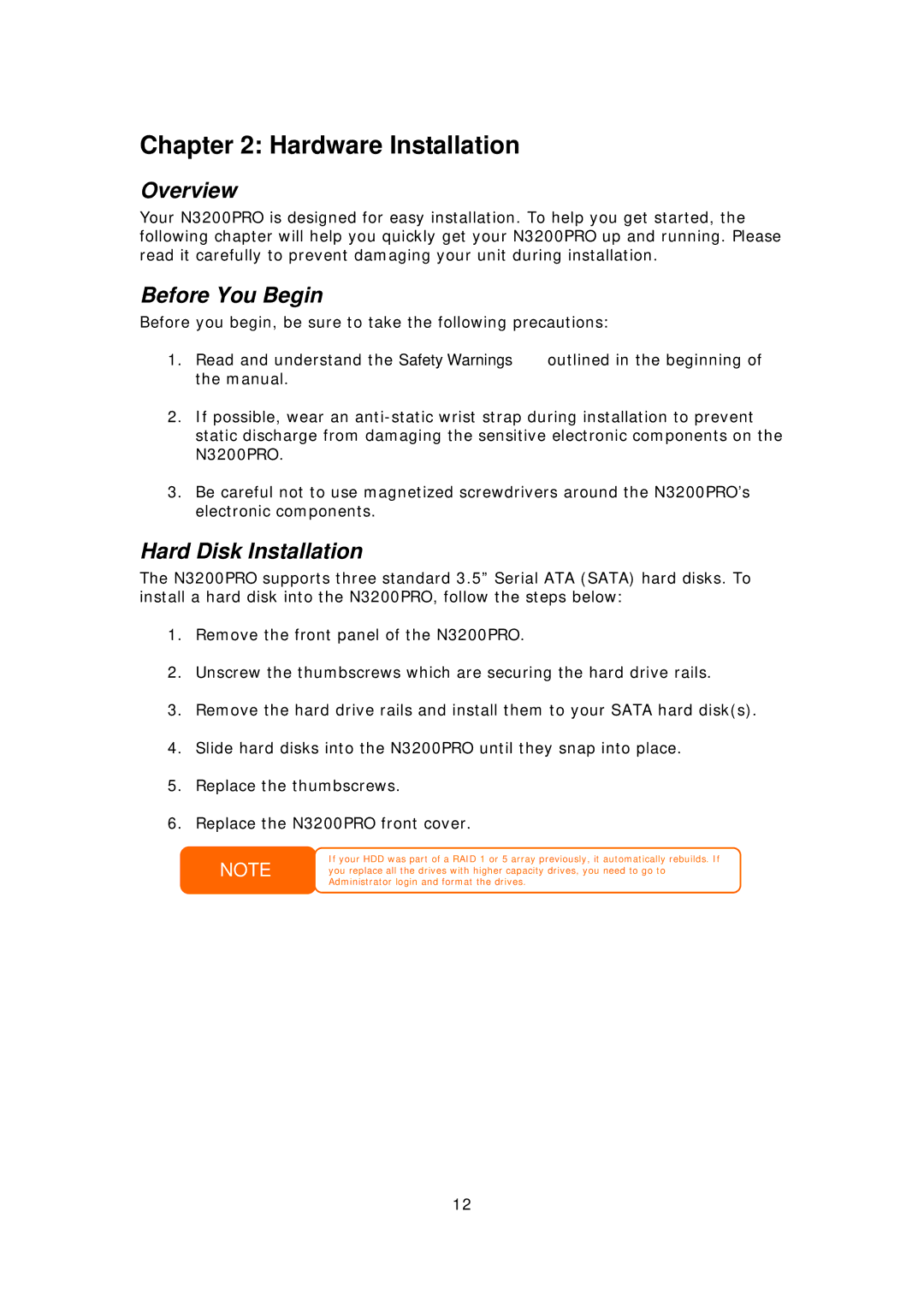 Thecus Technology N3200PRO manual Hardware Installation, Before You Begin, Hard Disk Installation 