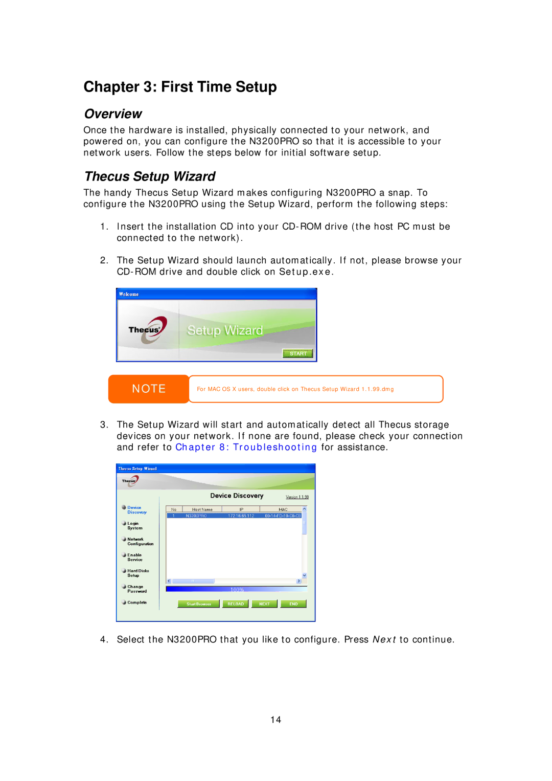 Thecus Technology N3200PRO manual First Time Setup, Thecus Setup Wizard 