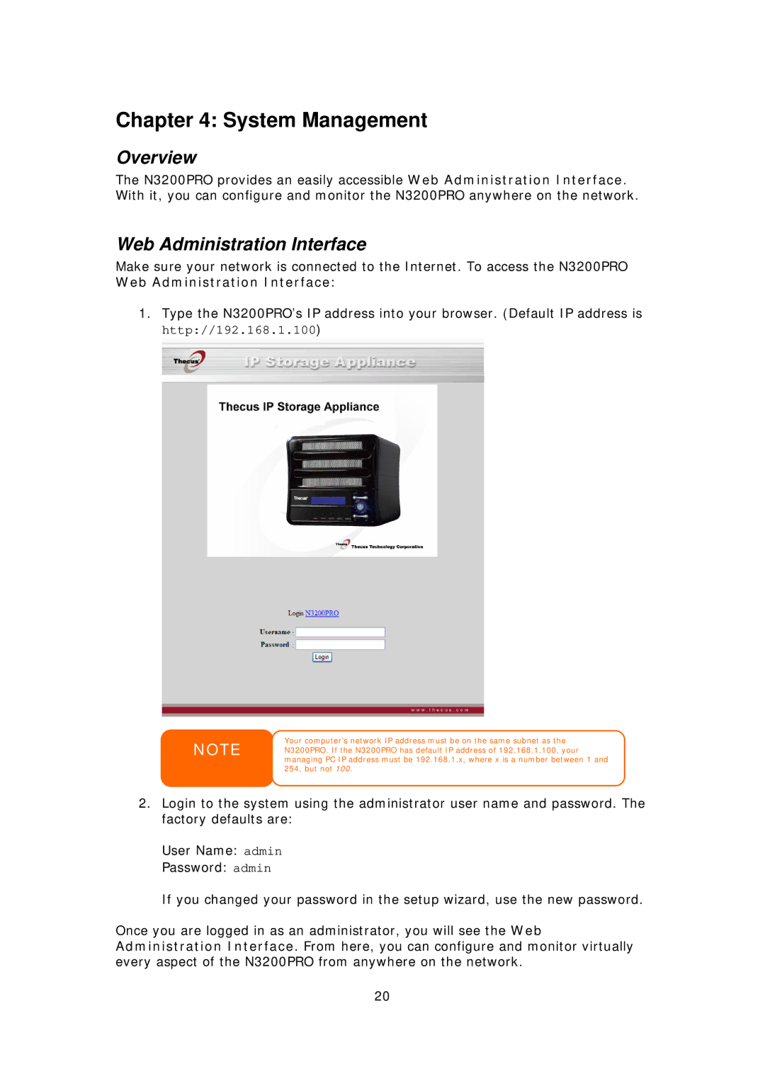 Thecus Technology N3200PRO manual System Management, Web Administration Interface 