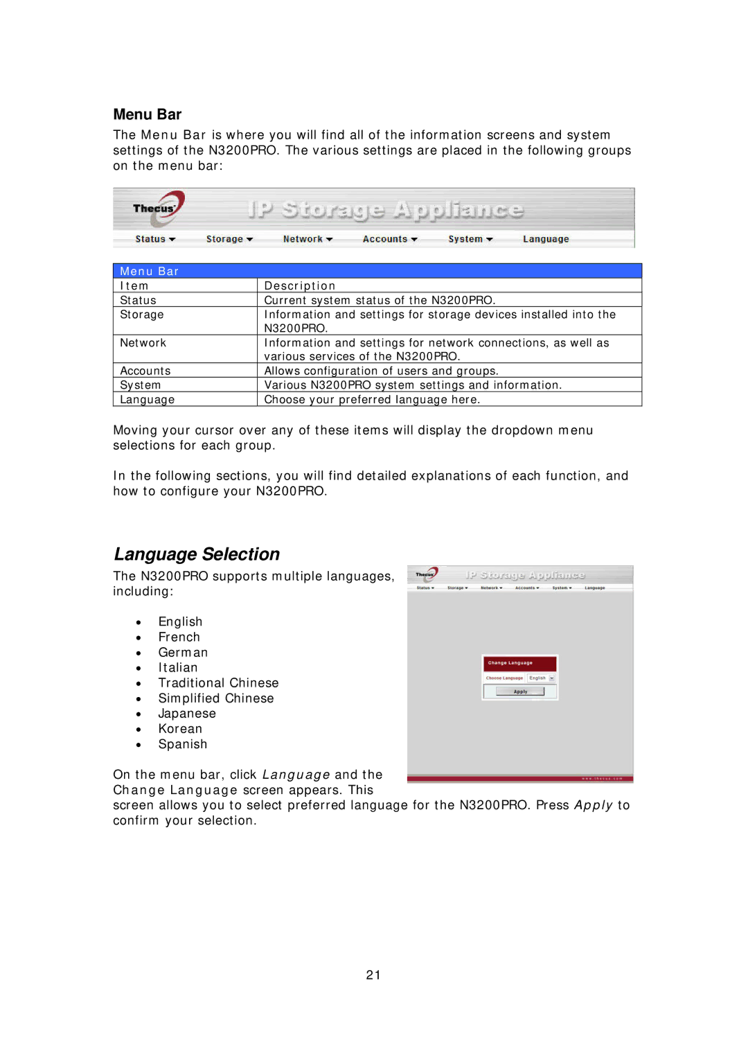 Thecus Technology N3200PRO manual Language Selection, Menu Bar 