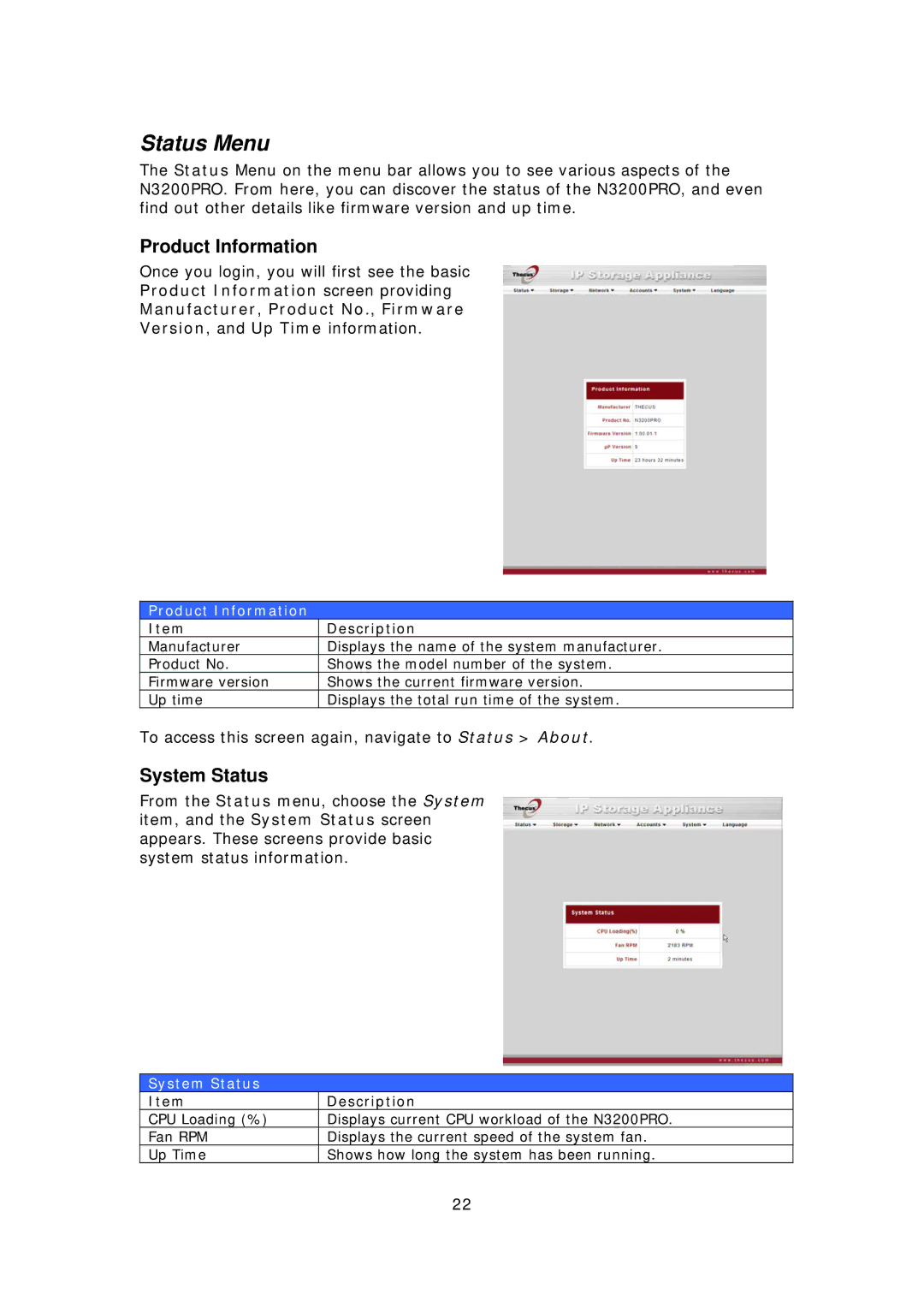 Thecus Technology N3200PRO manual Status Menu, Product Information, System Status 