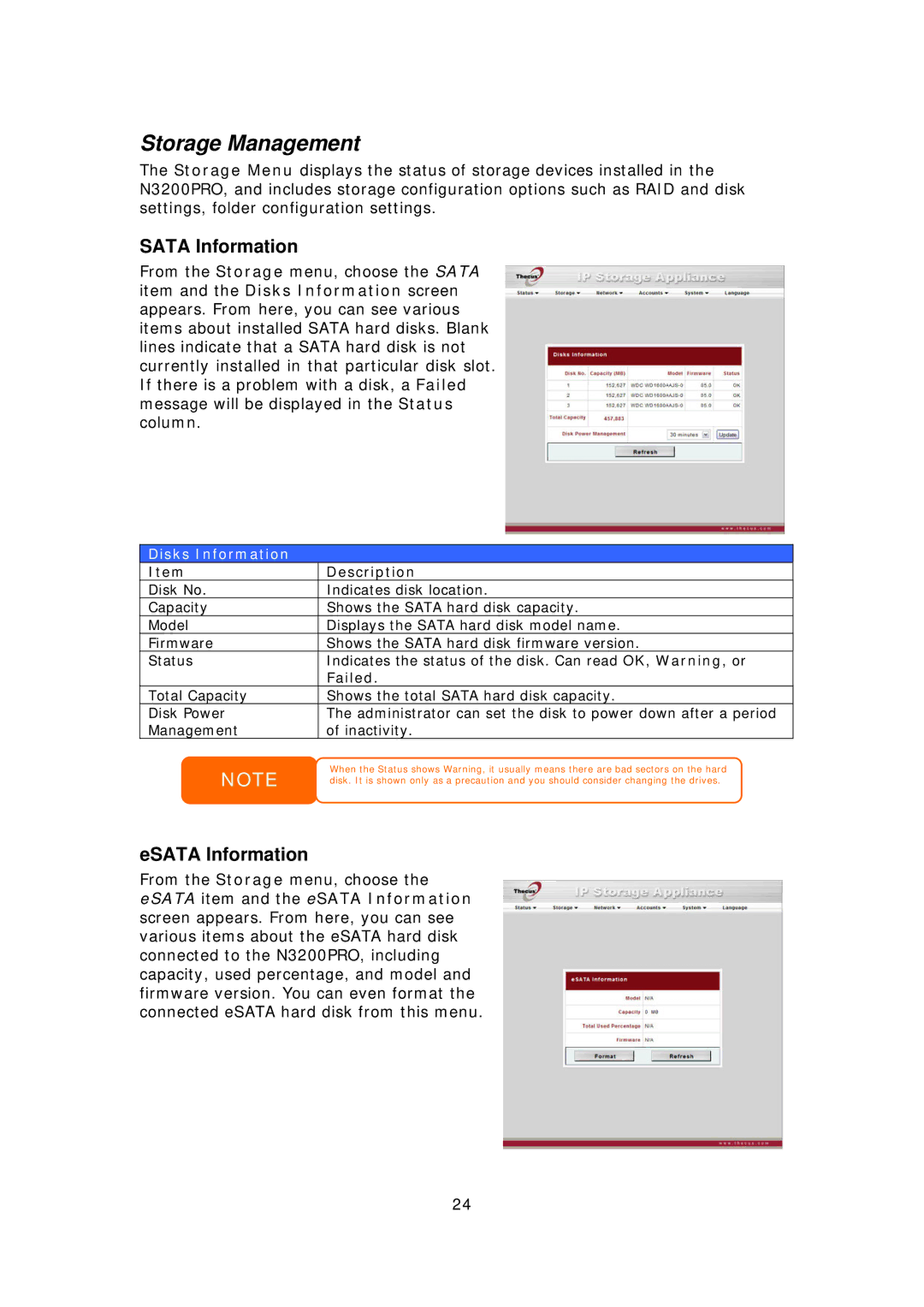 Thecus Technology N3200PRO manual Storage Management, Sata Information, ESATA Information, Disks Information 