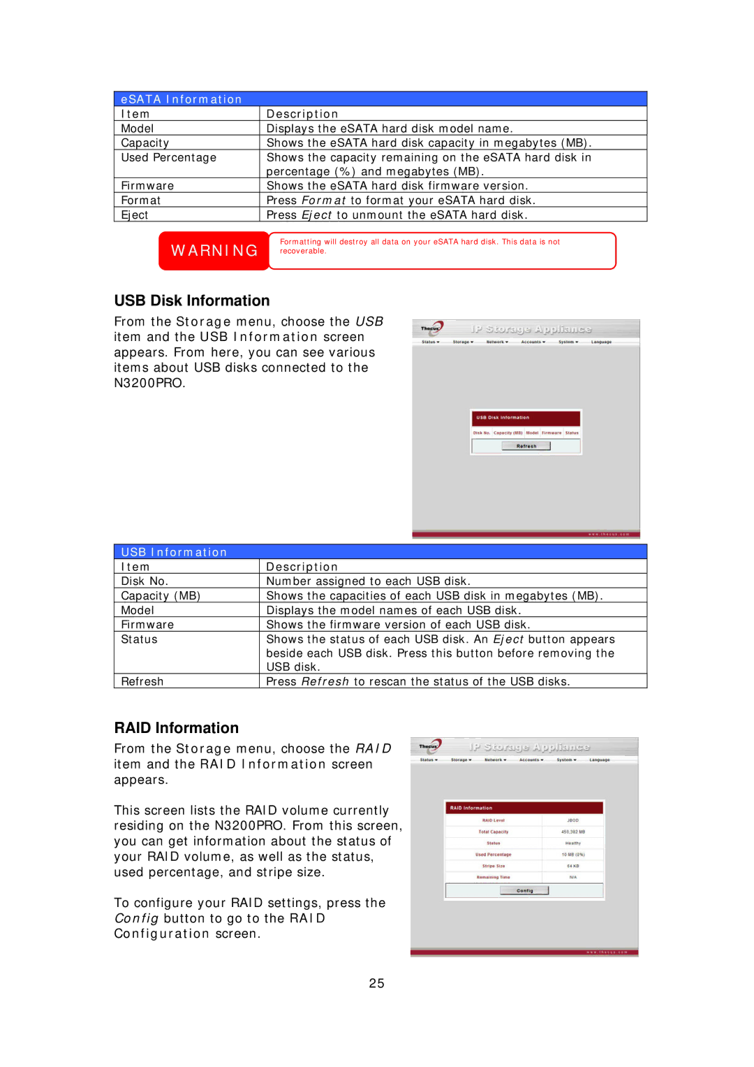 Thecus Technology N3200PRO manual USB Disk Information, RAID Information, Configuration screen, ESATA Information 