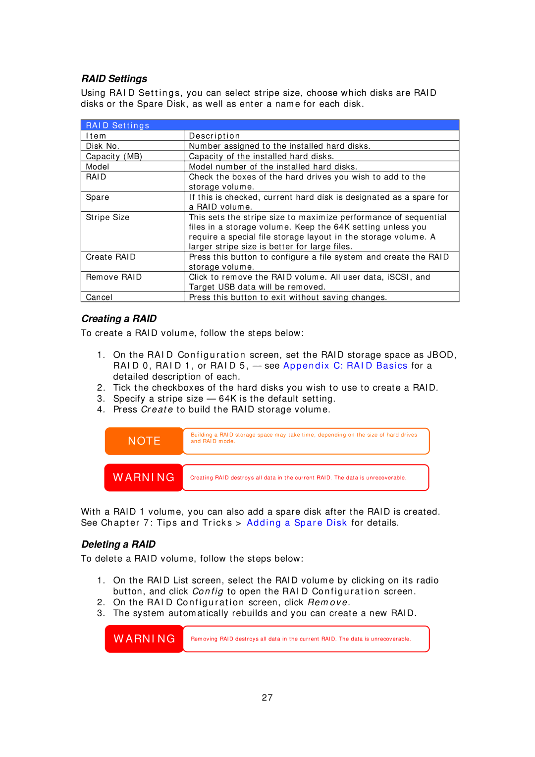 Thecus Technology N3200PRO manual RAID Settings, Creating a RAID, Deleting a RAID 