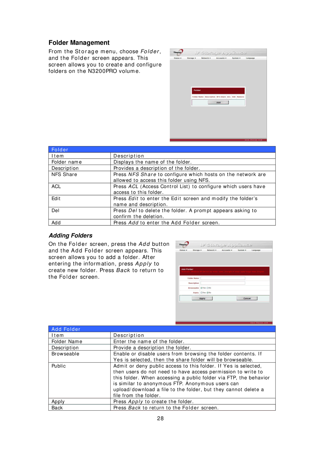 Thecus Technology N3200PRO manual Folder Management, Adding Folders, Add Folder 