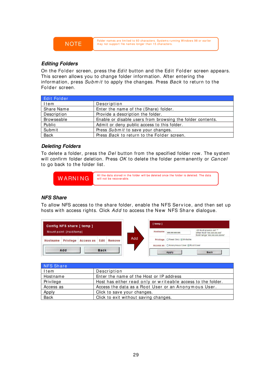 Thecus Technology N3200PRO manual Editing Folders, Deleting Folders, NFS Share, Edit Folder 