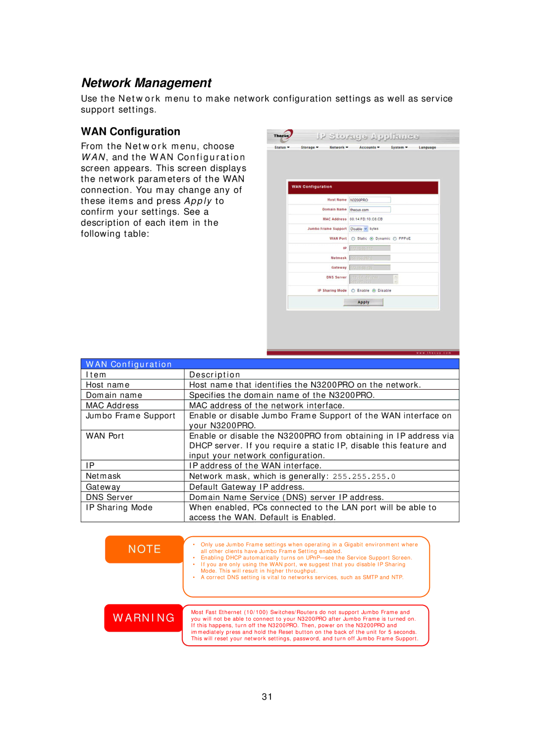 Thecus Technology N3200PRO manual Network Management, WAN Configuration 