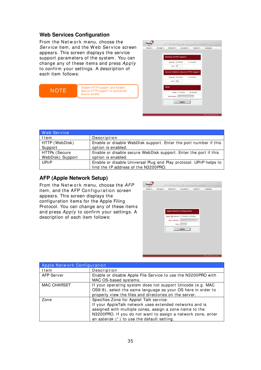 Thecus Technology N3200PRO manual Web Services Configuration, AFP Apple Network Setup, Apple Network Configuration 