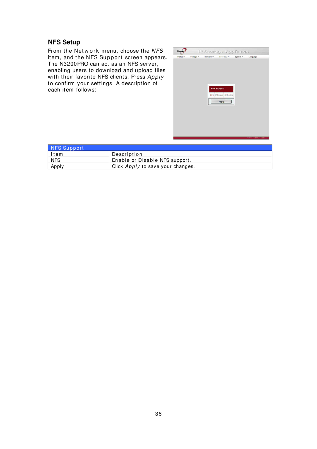 Thecus Technology N3200PRO manual NFS Setup, NFS Support 