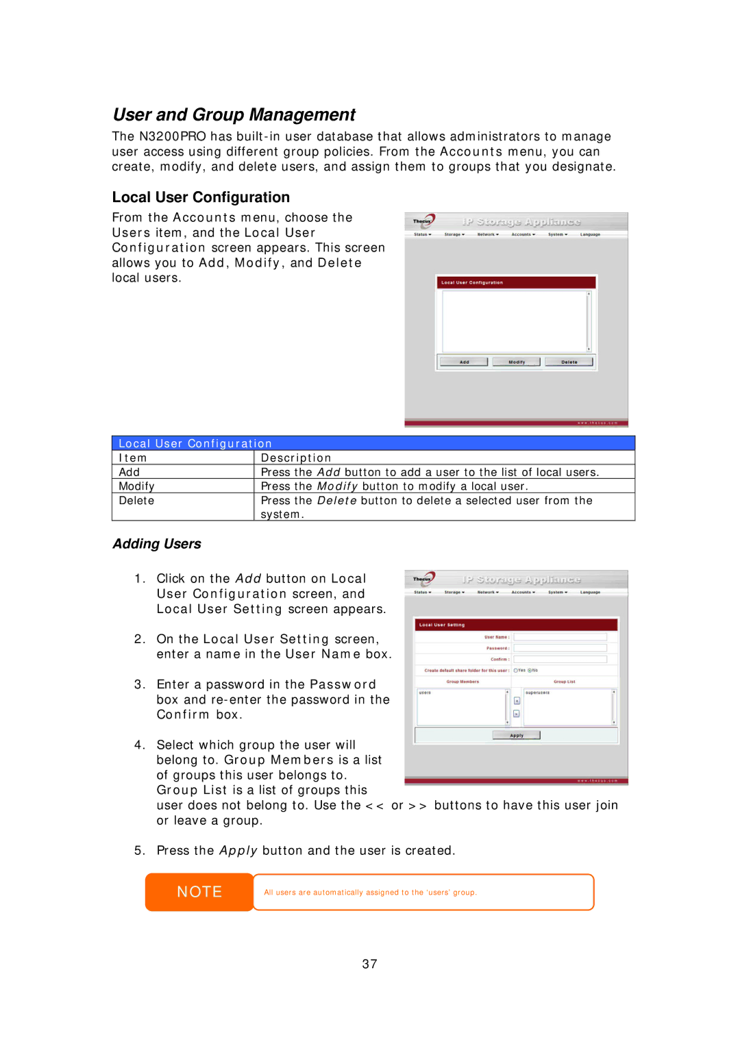 Thecus Technology N3200PRO manual User and Group Management, Local User Configuration, Adding Users 