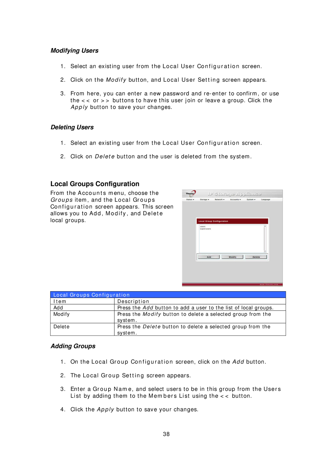 Thecus Technology N3200PRO manual Local Groups Configuration, Modifying Users, Deleting Users, Adding Groups 