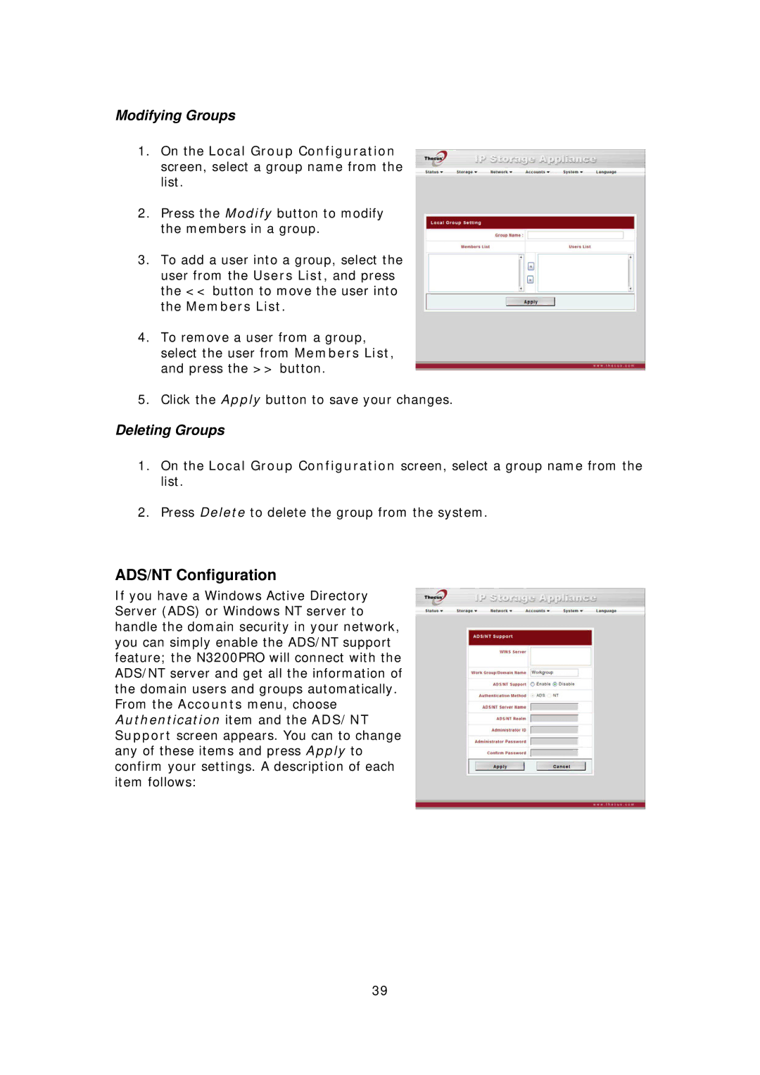 Thecus Technology N3200PRO manual ADS/NT Configuration, Modifying Groups, Deleting Groups 