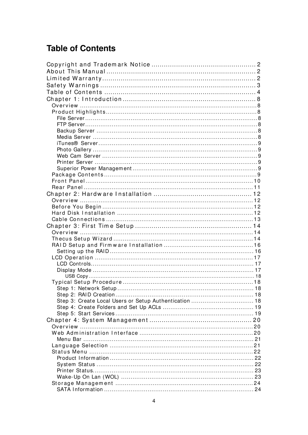 Thecus Technology N3200PRO manual Table of Contents 