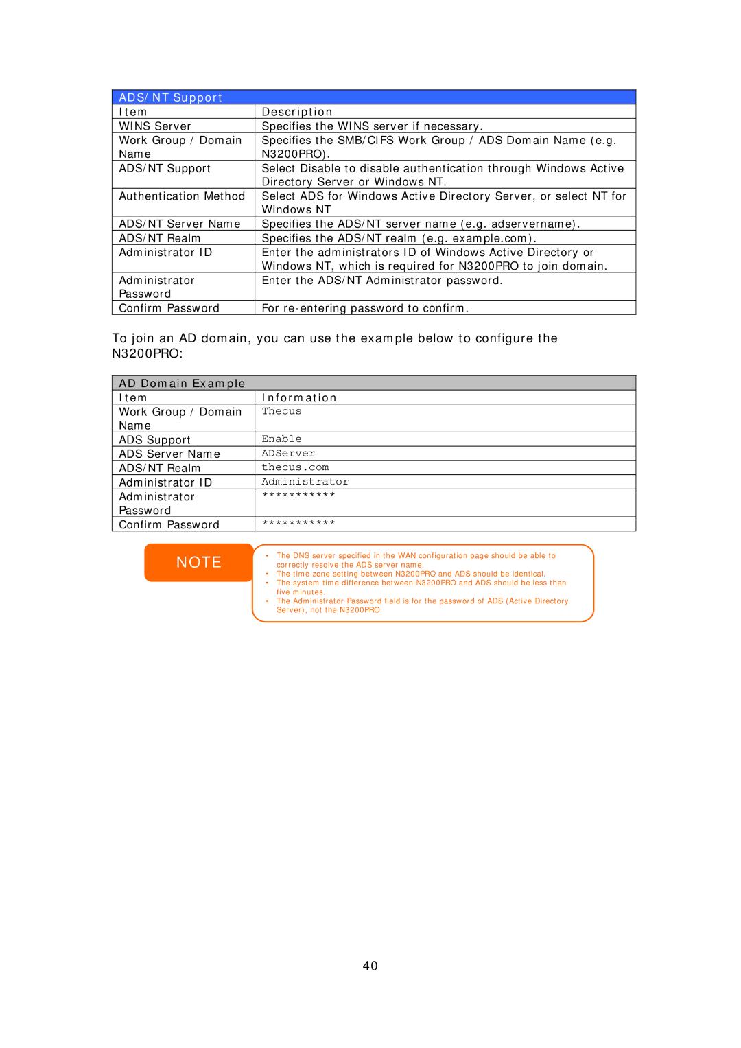 Thecus Technology N3200PRO manual ADS/NT Support, AD Domain Example Information 