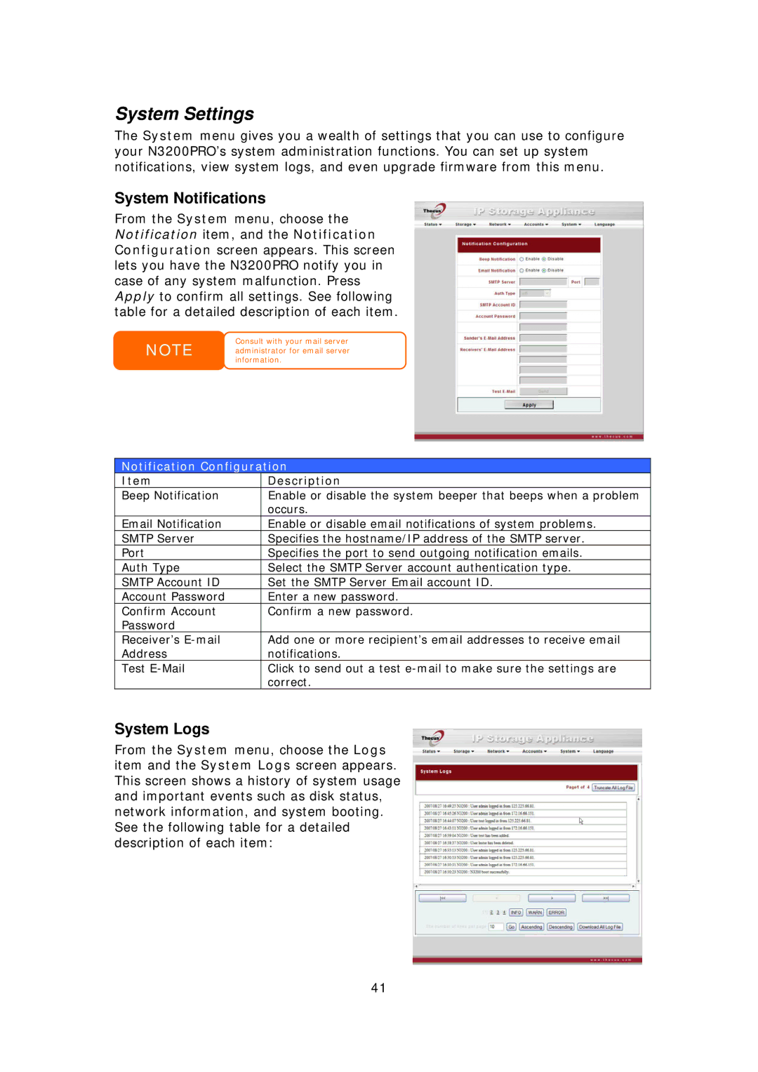 Thecus Technology N3200PRO manual System Settings, System Notifications, System Logs, Notification Configuration 