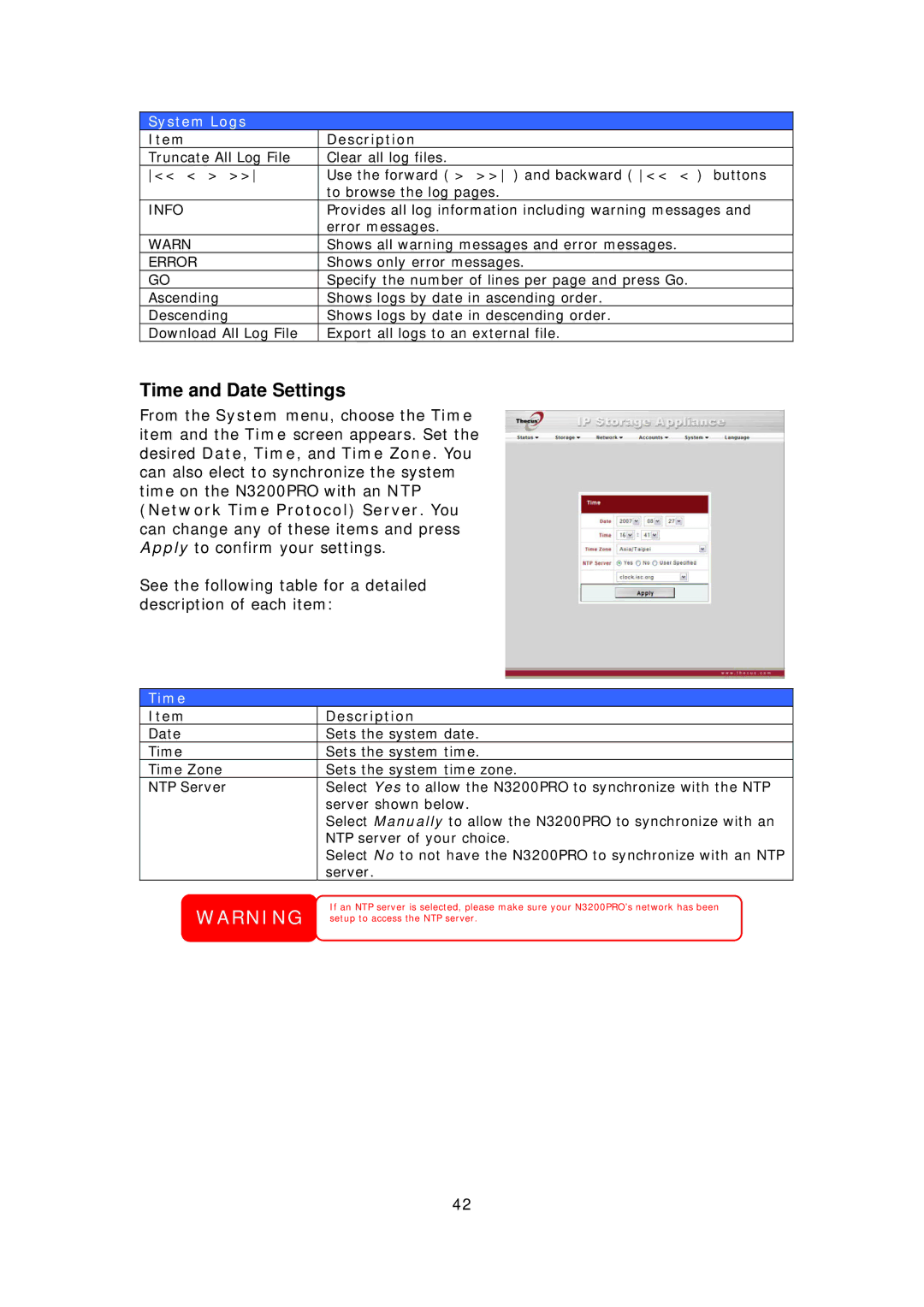 Thecus Technology N3200PRO manual Time and Date Settings, System Logs 