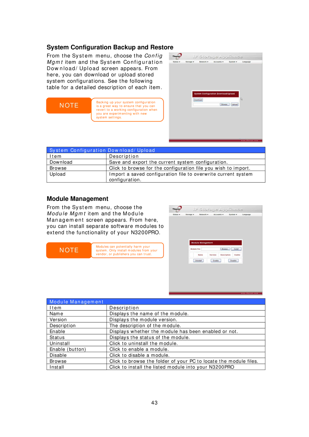 Thecus Technology N3200PRO manual System Configuration Backup and Restore, Module Management 