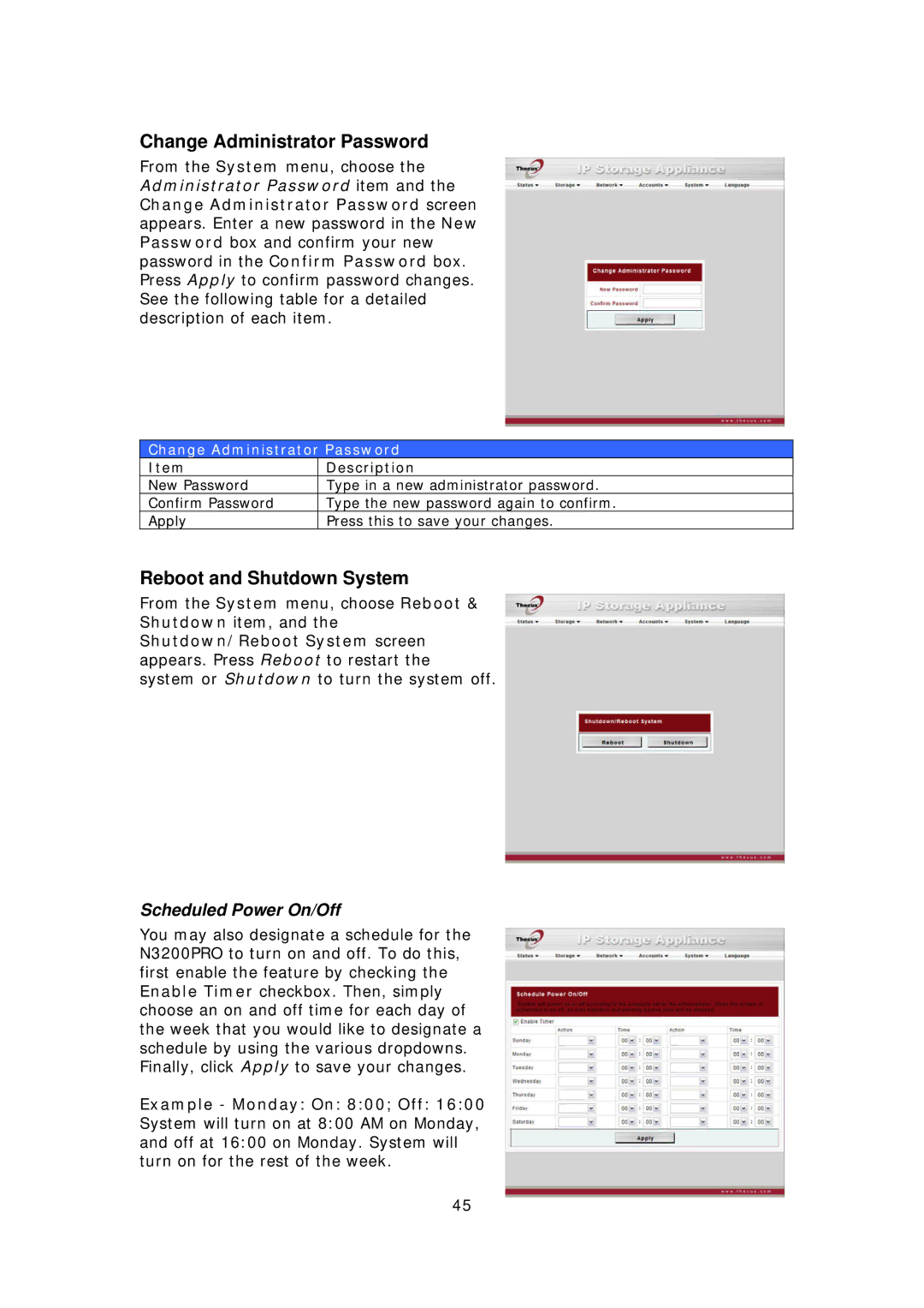 Thecus Technology N3200PRO manual Change Administrator Password, Reboot and Shutdown System, Scheduled Power On/Off 