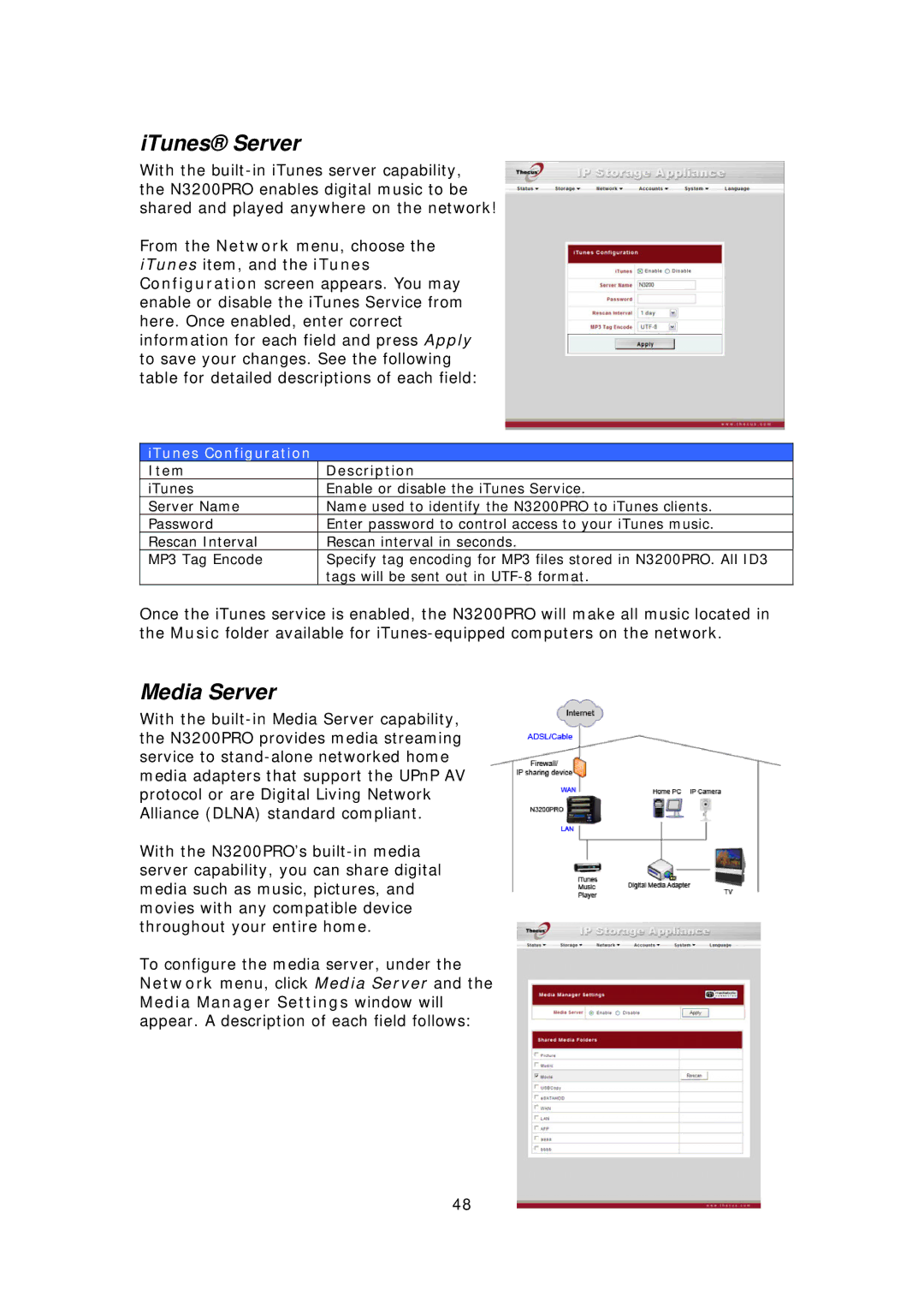 Thecus Technology N3200PRO manual ITunes Server, Media Server, ITunes Configuration 