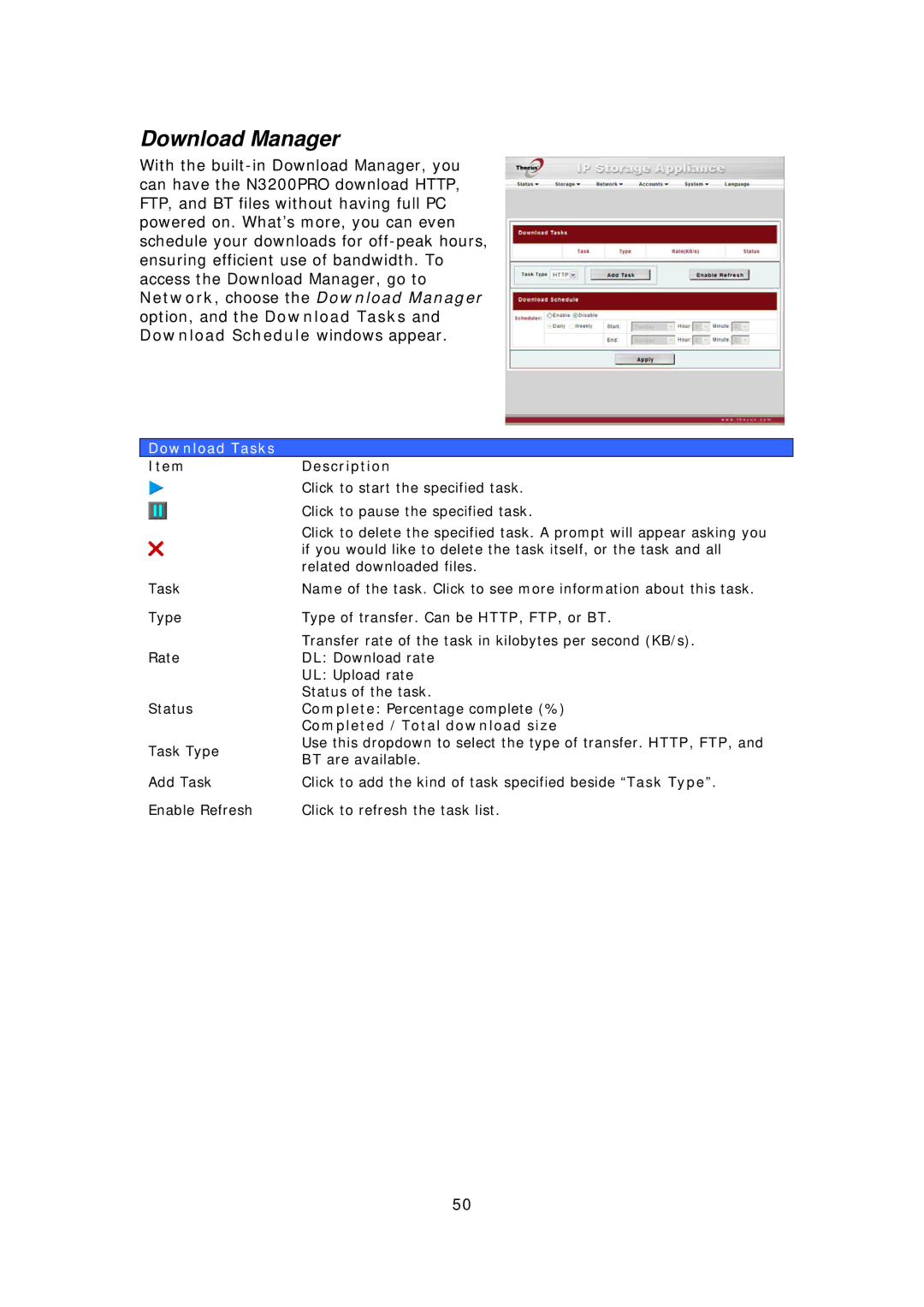 Thecus Technology N3200PRO manual Download Manager, Download Tasks 