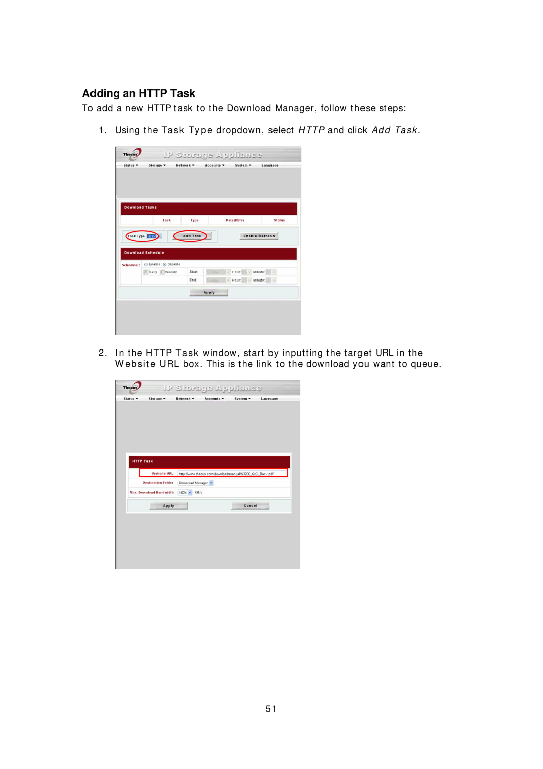 Thecus Technology N3200PRO manual Adding an Http Task 