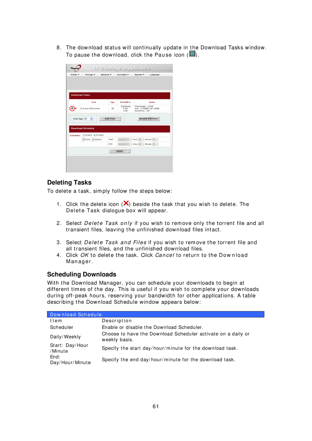 Thecus Technology N3200PRO manual Deleting Tasks, Scheduling Downloads, Download Schedule 