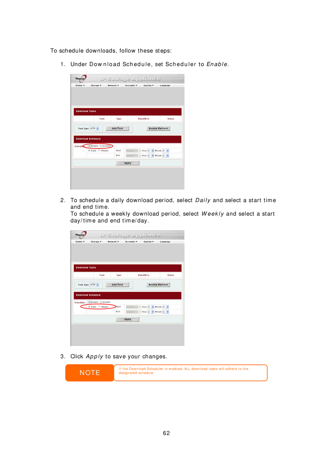 Thecus Technology N3200PRO manual Under Download Schedule, set Scheduler to Enable 