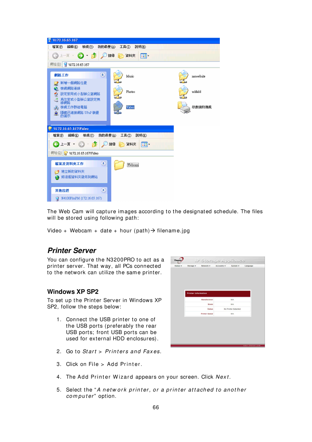 Thecus Technology N3200PRO manual Printer Server, Windows XP SP2, Click on File Add Printer 