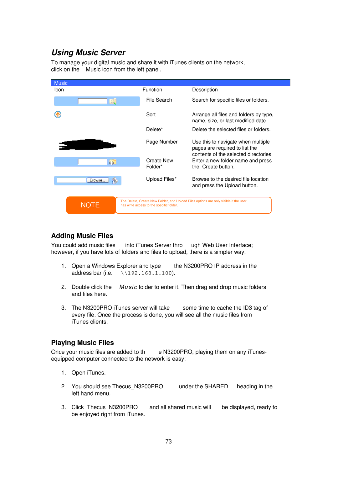 Thecus Technology N3200PRO manual Using Music Server, Adding Music Files, Playing Music Files 