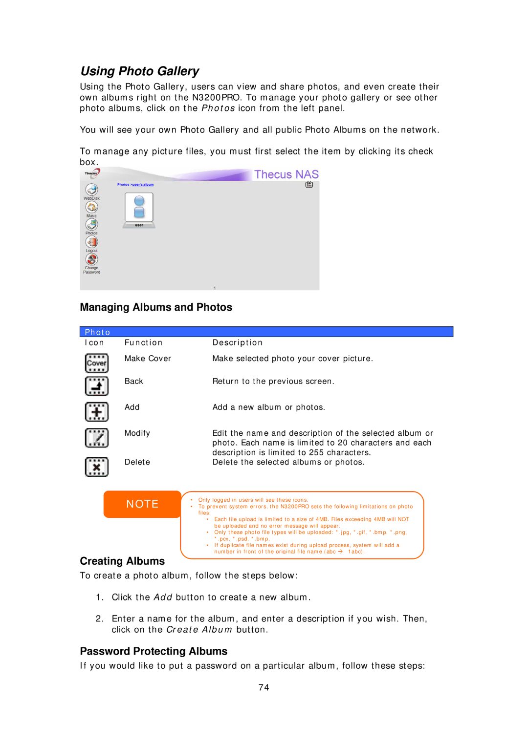 Thecus Technology N3200PRO Using Photo Gallery, Managing Albums and Photos, Creating Albums, Password Protecting Albums 