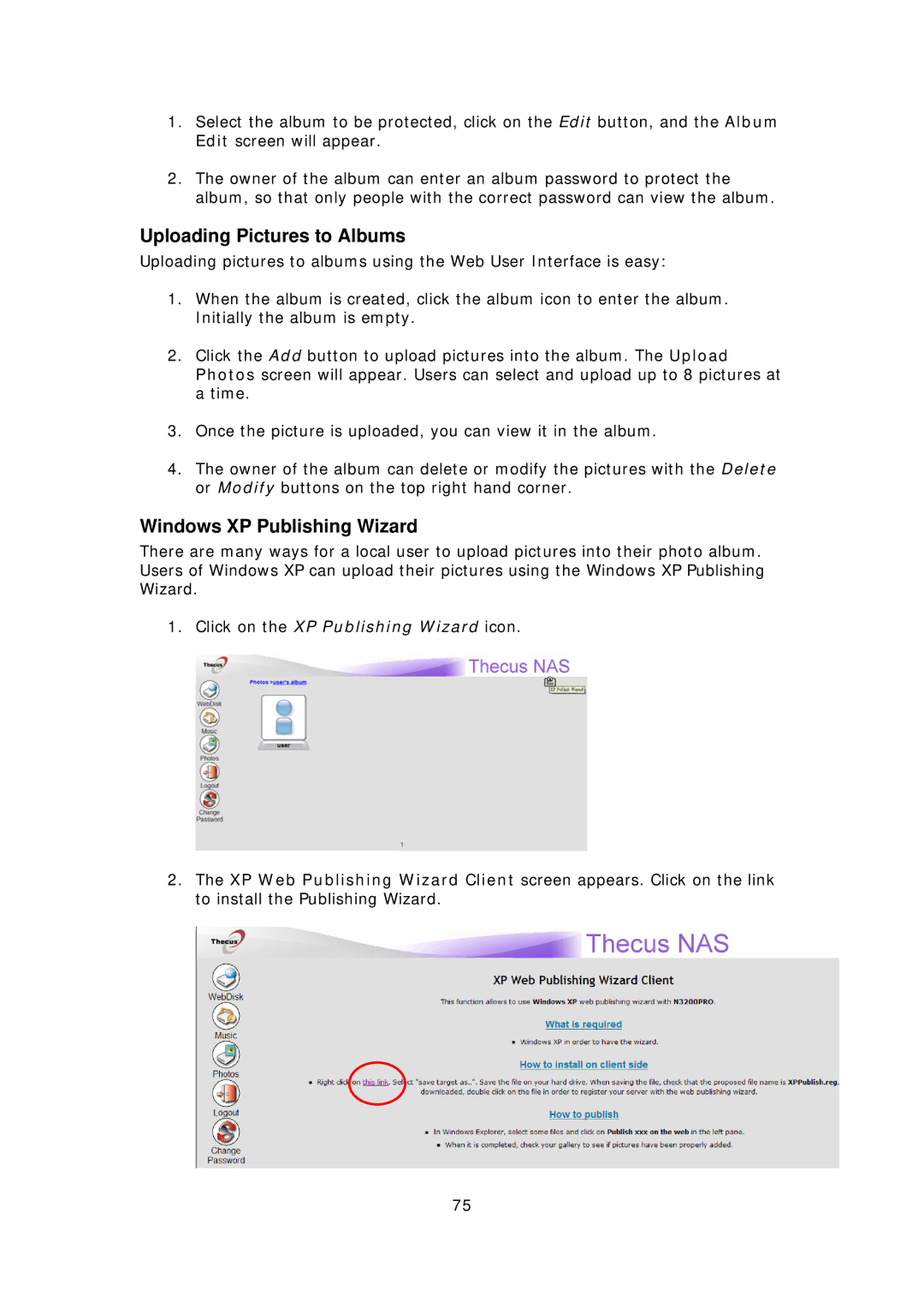 Thecus Technology N3200PRO manual Uploading Pictures to Albums, Windows XP Publishing Wizard 