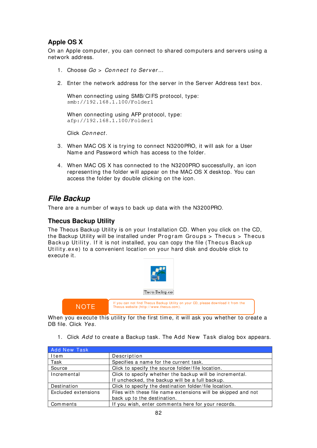 Thecus Technology N3200PRO manual File Backup, Apple OS, Thecus Backup Utility, Add New Task 