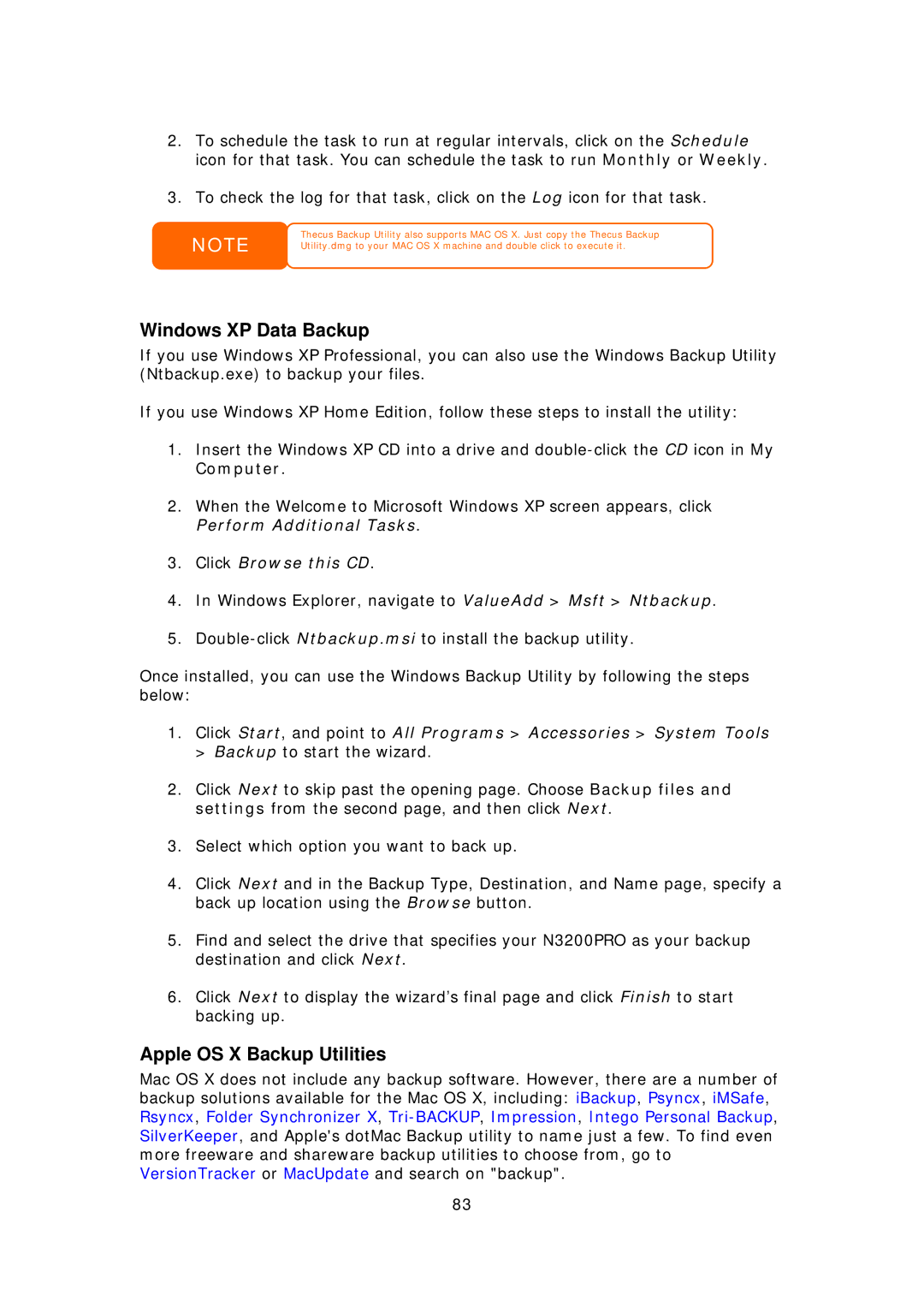 Thecus Technology N3200PRO manual Windows XP Data Backup, Apple OS X Backup Utilities 