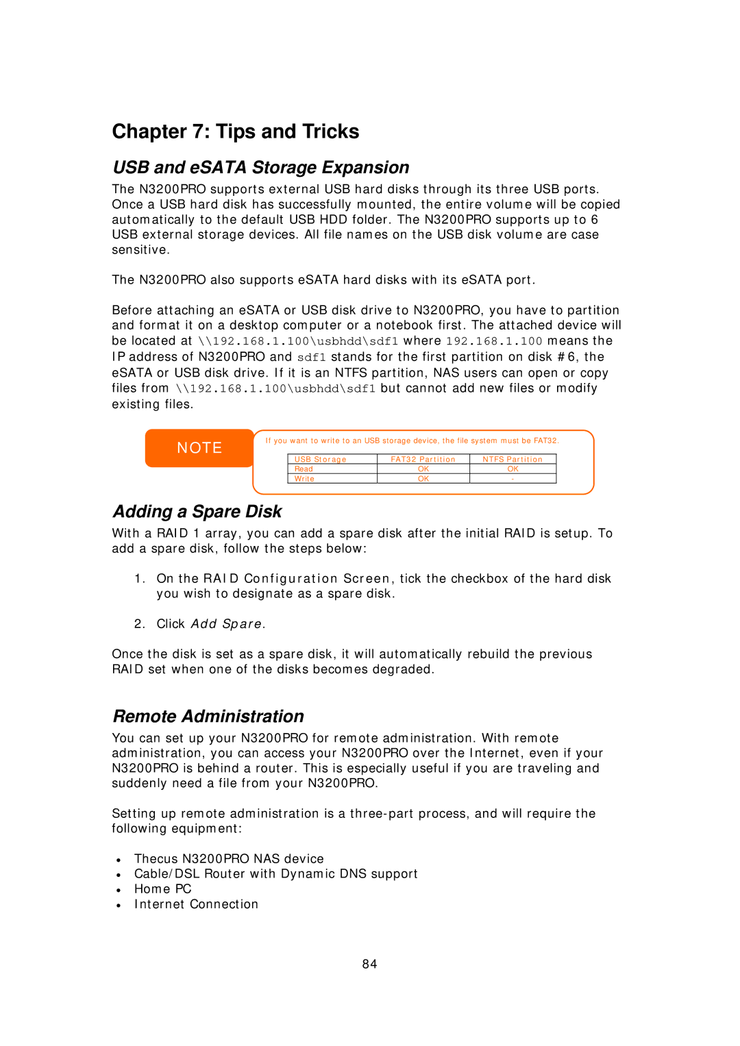 Thecus Technology N3200PRO Tips and Tricks, USB and eSATA Storage Expansion, Adding a Spare Disk, Remote Administration 